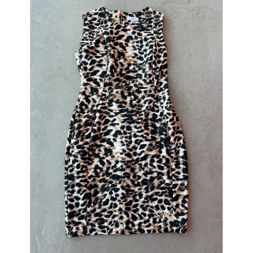 Calvin Klein Leopard Animal Print Sleeveless Knee Length Dress 12 Zip